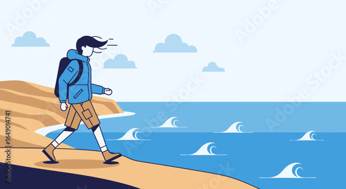 Man Trekking Alone Along Coastal Trail Facing the Expanse of the Sea