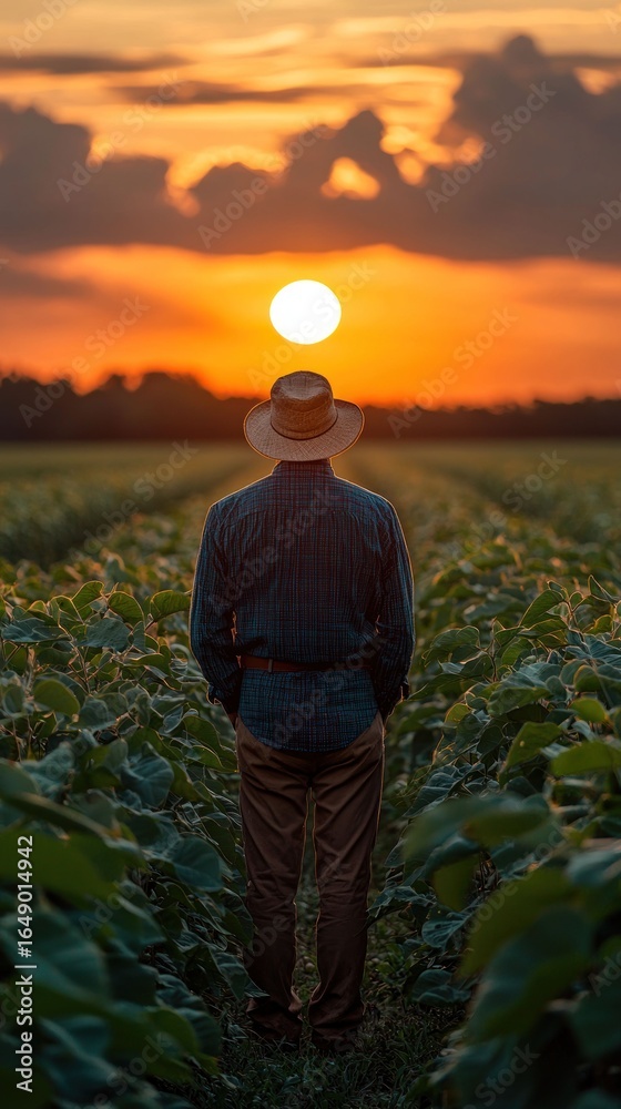 Fototapeta premium Farmer Silhouetted at Sunset in a Field
