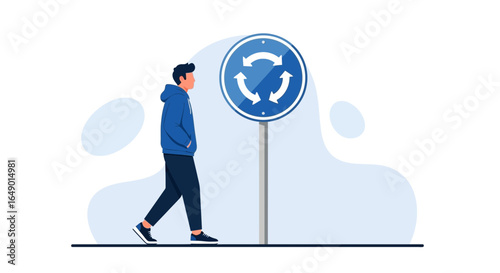 Man Walking Beside Traffic Circle Sign Representing Direction In Transportation
