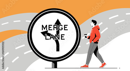 Man Walking Near Merge Lane Sign With Cup Of Coffee On City Street