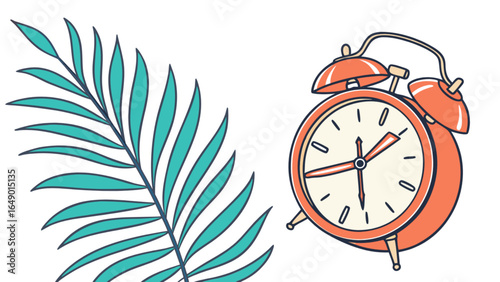 Alarm clock and tropical leaf illustration for time management and vacation planning concept design art, vector