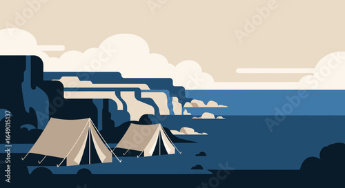Minimalist Coastline Camping Adventure Flat Vector Design Illustration