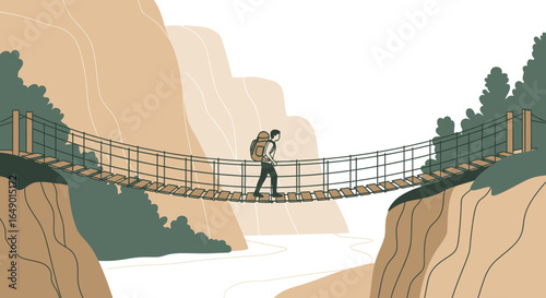 Man Walking On Rope Bridge Across Two Cliffs With Forest And Mountains Background