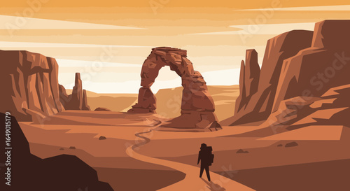 Man Walking Toward Arches National Park Illustration Under Desert Sky