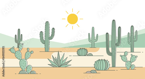 Minimalist Desert Landscape With Cacti And Bright Sun In Flat Design Style