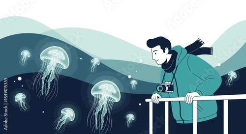 Man Watching Jellyfish Illustration On The Ocean Traveling With Camera