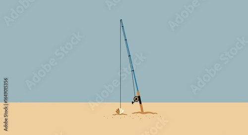 Minimalist Fishing Scene with Rod and Seashell on Sandy Coastline