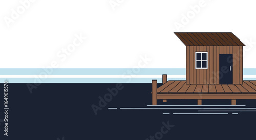 Minimalist illustration of a cabin on a dock floating on the water surface tranquility scene dockside retreat simplicity