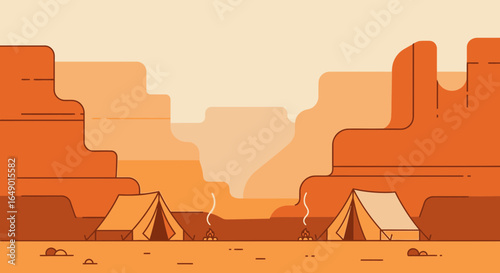 Minimalist illustration of a desert landscape with tents and campfires for outdoor adventure scenes