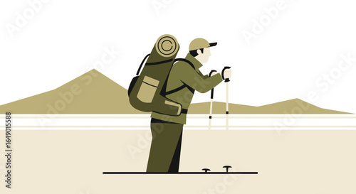 Man With Backpack Hiking Through Mountain Landscape Adventure Journey