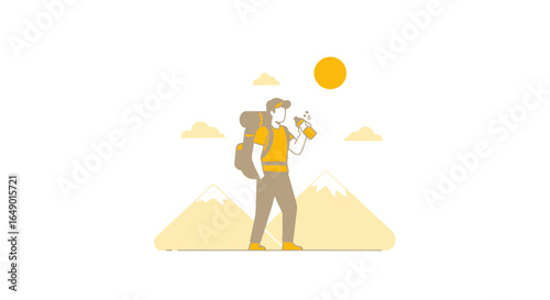 Minimalist Illustration Of A Hiker Taking A Break In A Mountain Landscape