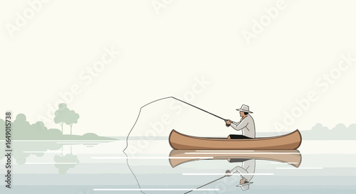 Minimalist illustration of a man fishing in a canoe with reflection in lake water