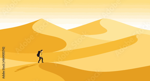 Man With Backpack Walking in Desert Landscape Adventure and Exploration