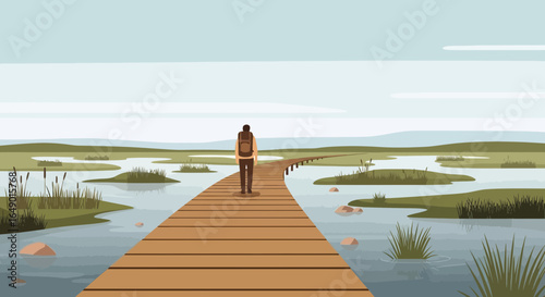 Man With Backpack Walking On Wooden Bridge Through Picturesque Swamp Scenery