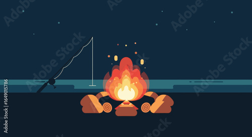 Minimalist illustration of a peaceful lakeside campfire scene with fishing rod at night