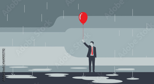 Man With Balloon In The Rain Symbolizes Perseverance Overcoming Challenges