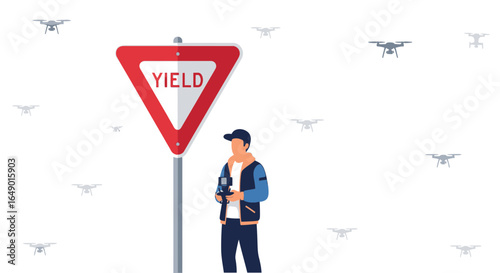 Man With Drone Controlling Remote Near Yield Sign Amidst Multiple Drones