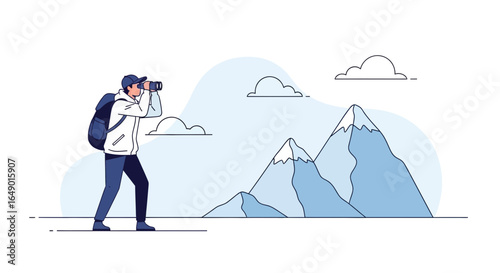 Man With Binoculars Stands On Plain Against Background Snowy Mountains