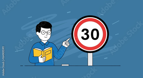 Man With Book Explaining The Speed Limit Sign Rules For The Road