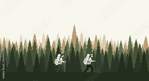 Minimalist Illustration Of Backpackers Hiking Through A Dense Evergreen Forest Landscape