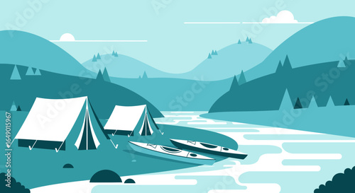 Minimalist illustration of camping tents and kayaks in a mountain landscape near a river