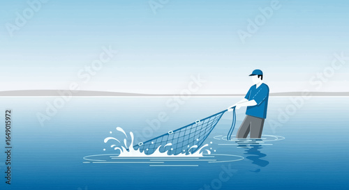 Man With Fishing Net in Ocean Water Fresh Sea Catching Fish Occupation