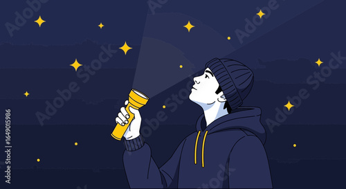 Man With Flashlight Looks Up To The Night Starry Sky Illustration