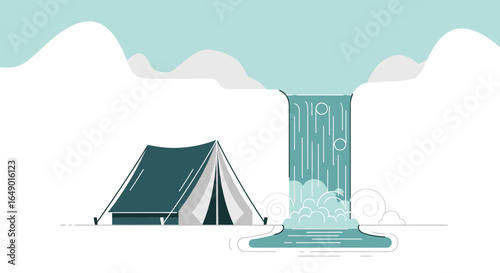 Minimalist Illustration Of Tent Near Waterfall With Mountain Landscape View