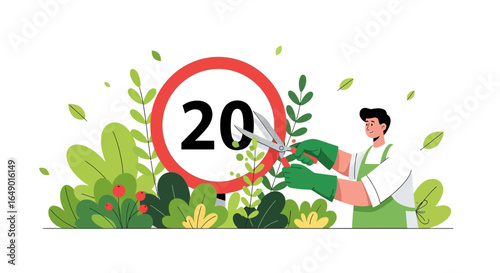 Man With Pruning Shears Trimming Bushes in Front Of 20 Speed Limit Sign