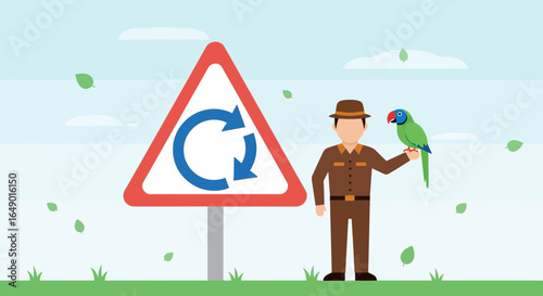 Man With Parrot Standing By Recycling Sign In Green And Blue Colors