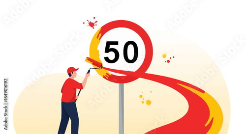 Man With Roller Painting Number Fifty Symbol On Road Sign Graphic