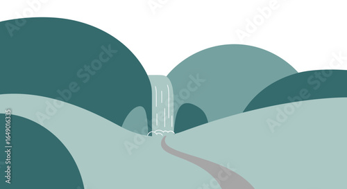 Minimalist landscape illustration featuring rolling hills and a cascading waterfall serene environment graphic vector