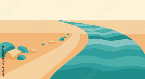 Minimalist landscape illustration featuring a river, rocks, and a sandy bank offers a serene and scenic vector design