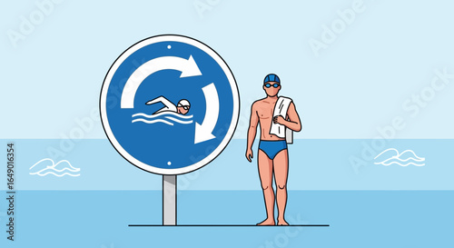 Mandatory Swimming Circle Direction Sign For Swimmers In The Pool Area
