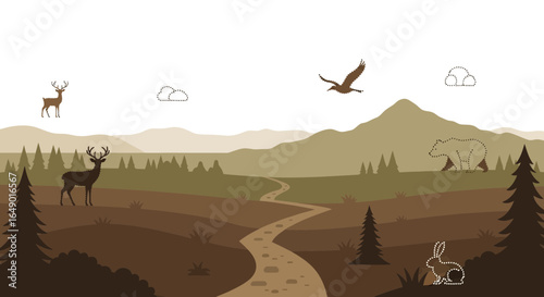 Minimalist Landscape With Wild Animals Silhouettes In Brownish Tone Color Palette