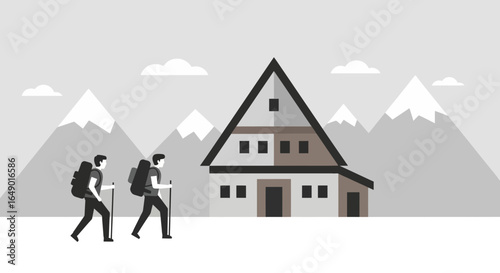 Minimalist Mountain Adventure Two Hikers Approaching A-Frame Cabin Backdrop Mountains