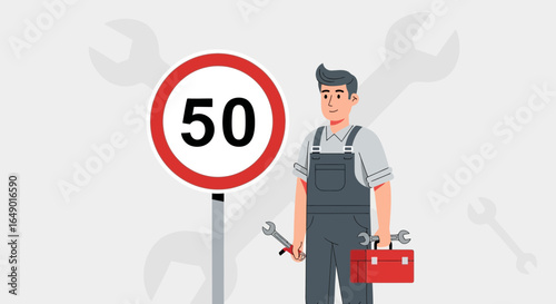 Mechanic Inspecting Speed Limit Sign for Vehicle Maintenance And Safety Compliance