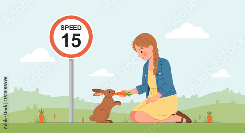 Maximum Allowed Speed Near Rabbit's Habitat With Young Girl Feeding It
