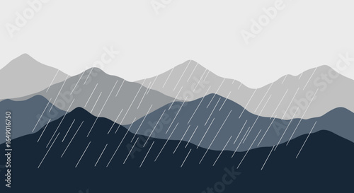 Minimalist mountain landscape with falling rain in layered shades of blue and gray tones creating a serene and atmospheric scene