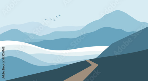 Minimalist mountain range landscape with serene blue tones and flying birds creating a peaceful outdoor scenery