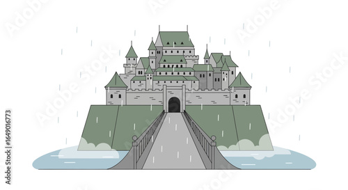 Medieval Castle With Bridge And Rainy Weather Illustration For Creative Projects