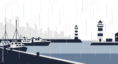 Minimalist Rainy Coastal Townscape With Ships And Lighthouses Illustration