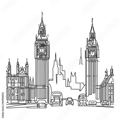 Continuous Line Drawing of Big Ben and the Palace of Westminster – Minimalist London Landmark Illustration
