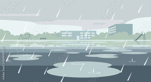 Melancholic Atmosphere After Rainfall At The School Yard On A Cloudy Day