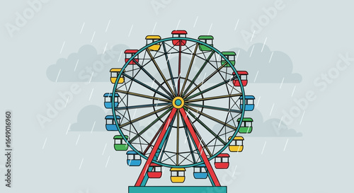 Melancholic Ferris Wheel In The Rain With Clouds And Soft Pastel Colors