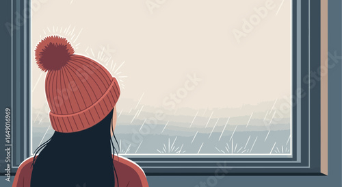 Melancholic illustration of a young woman gazing out a window on a rainy day in solitude
