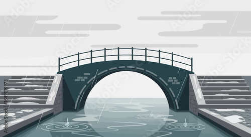 Minimalist Rainy Day Scene With Stone Bridge And Canal Illustration