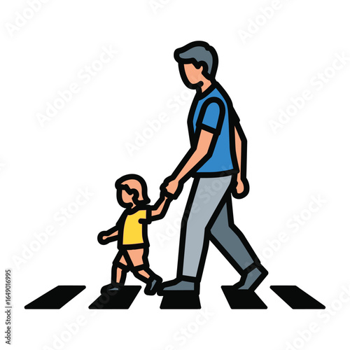 Father and daughter crossing the street safely on a pedestrian zebra crossing, illustrating guidance and family.