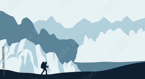 Minimalist Scene Of A Hiker On A Snowy Mountain With Backpacking Trip