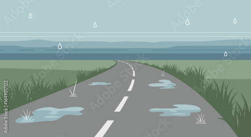 Melancholy Journey On A Wet Road Landscape Under The Grey Sky